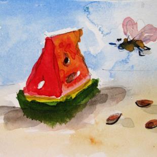 Art: Watermelon and Bee aceo by Artist Delilah Smith