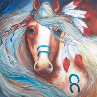 Art: INDIAN WAR HORSE FEARLESS FIVE FEATHERS by Artist Marcia Baldwin