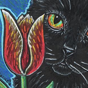 Art: Black Cat and Tulip by Artist Melinda Dalke