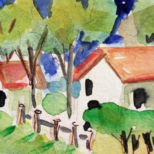 Art: Landscape with Cottages aceo by Artist Delilah Smith