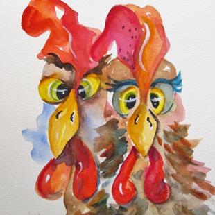 Art: Two Crossed Eyed Roosters by Artist Delilah Smith