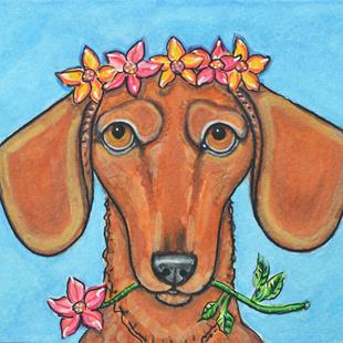 Art: Flowers and Dachshund Card by Artist Melinda Dalke