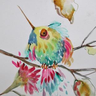 Art: Hummingbird and Pink Flowers by Artist Delilah Smith