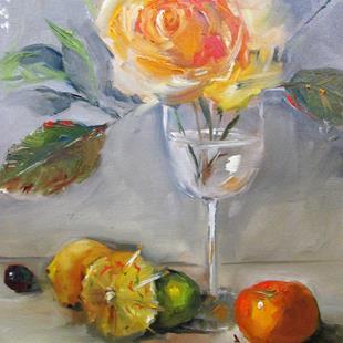 Art: Yellow Rose and Fruit by Artist Delilah Smith