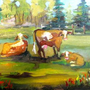 Art: Three Cows in the Pasture by Artist Delilah Smith