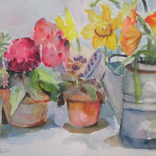 Art: Watering Can and Flower Pots by Artist Delilah Smith